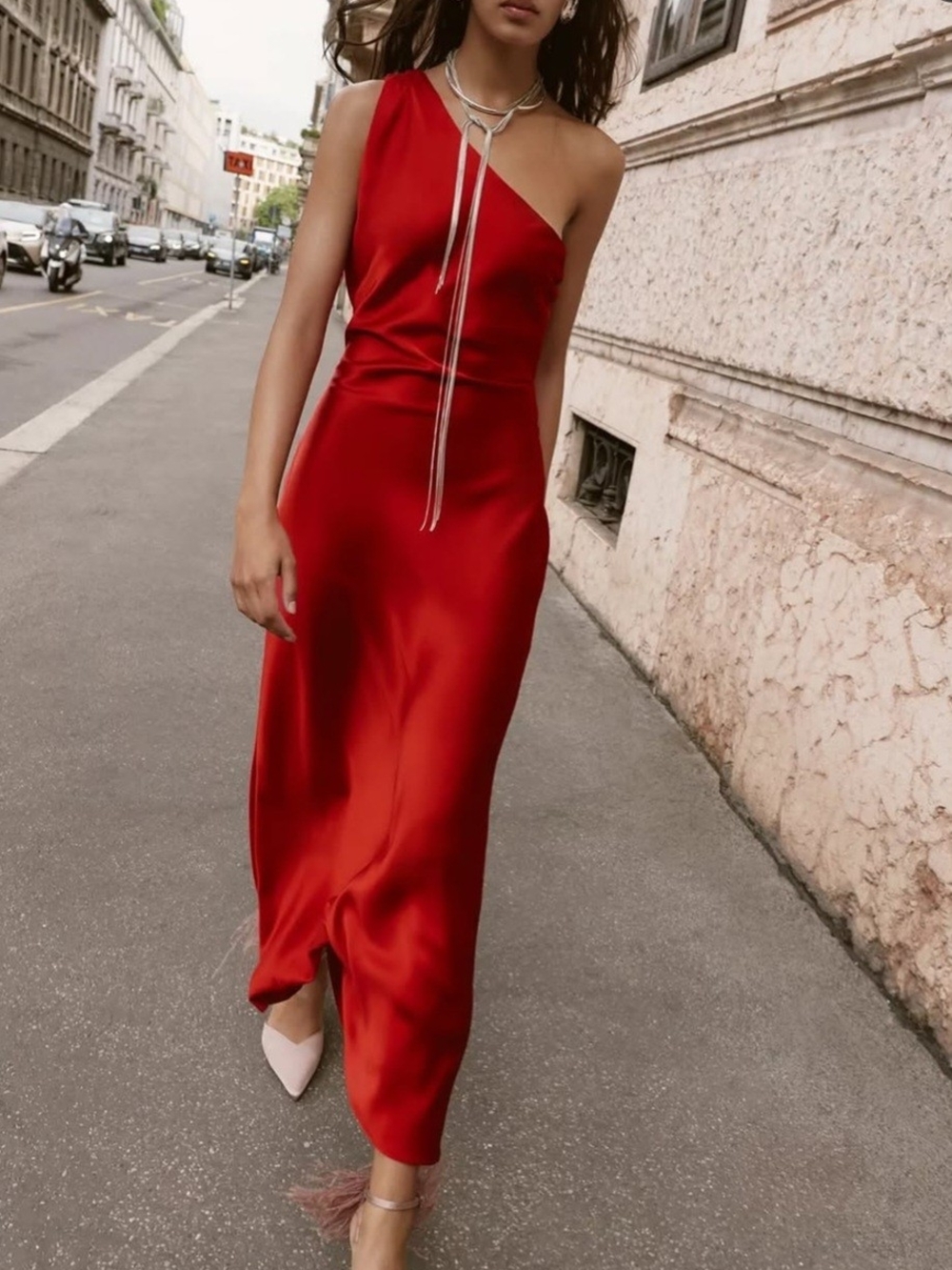 Zara Red One-Shoulder Satin Maxi Dress